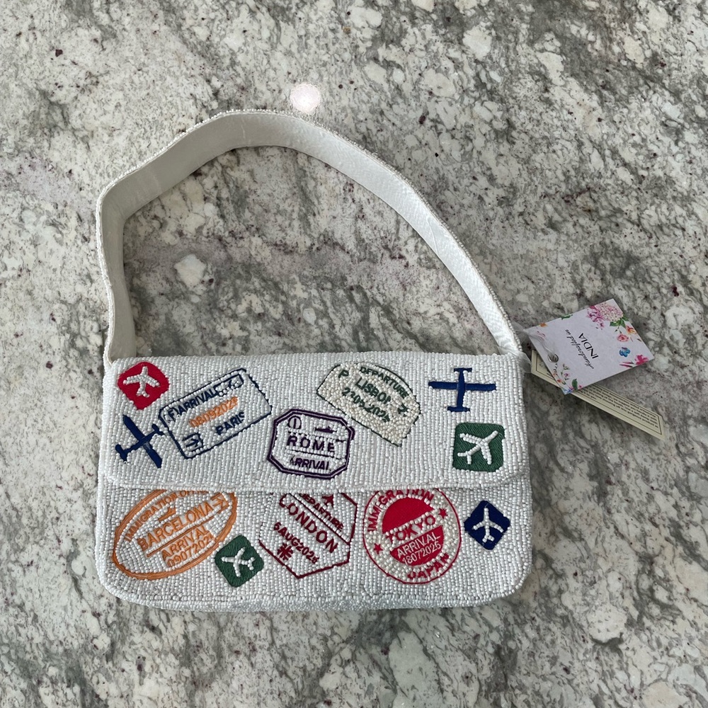 New Viral Travel Passport Stamp Beaded Bag **RARE** NWT. Made In India.